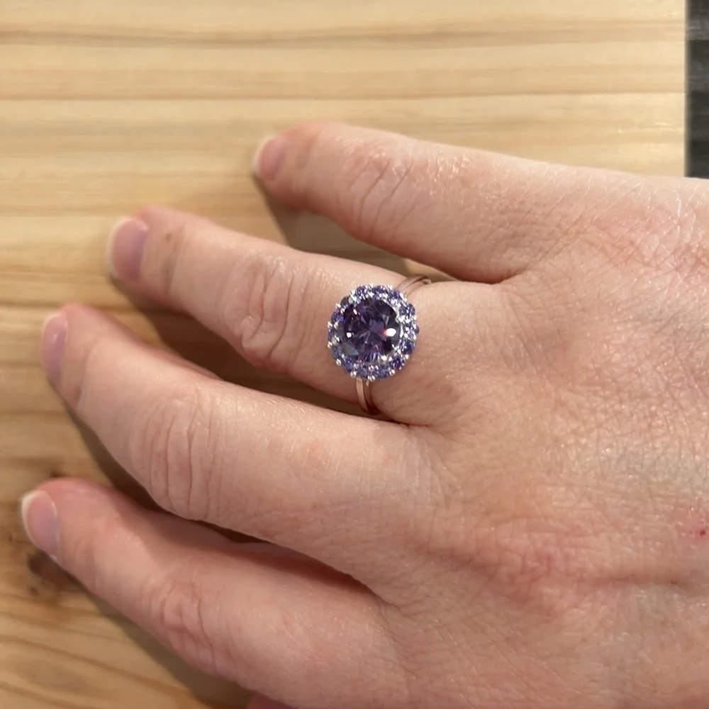 Amethyst Simulated Diamond Halo Ring 925 Sterling Silver Purple Gemstone